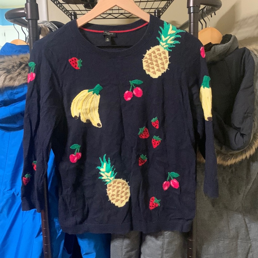Talbots navy blue 3/4 sleeve fruit sweater